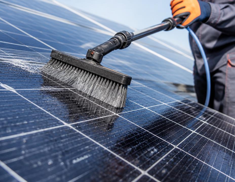 Technician cleaning rooftop solar panels with pure water