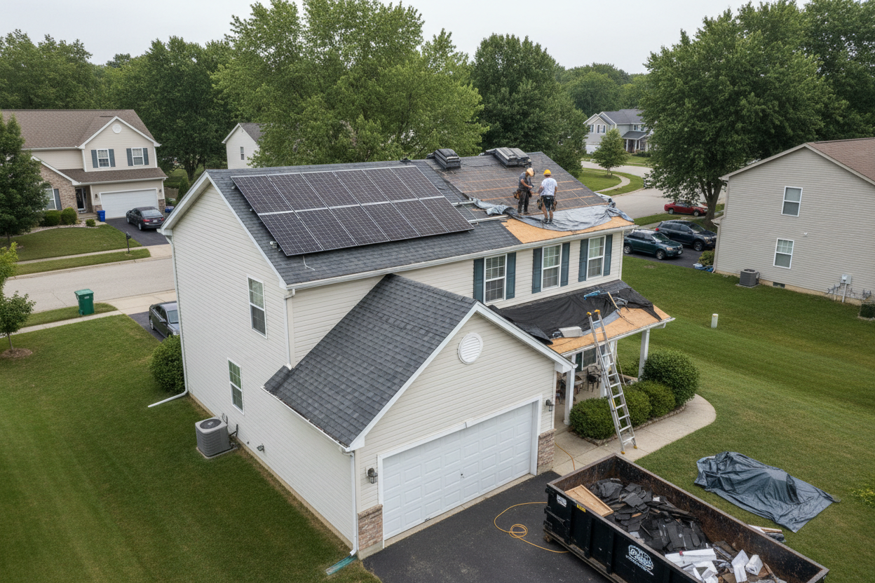 “Realistic photo of a suburban home with rooftop solar panels and visible roofing work in progress, solar panels still installed, normal daylight, ordinary neighborhood, documentary-style photo, natural colors, no dramatic lighting, no logos, no text
